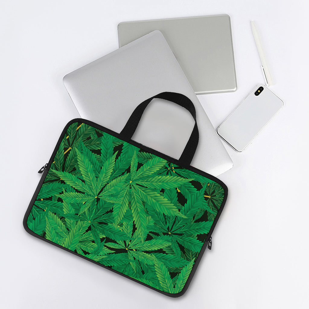 Green Marijuana Leaf Print Laptop Sleeve With Handle