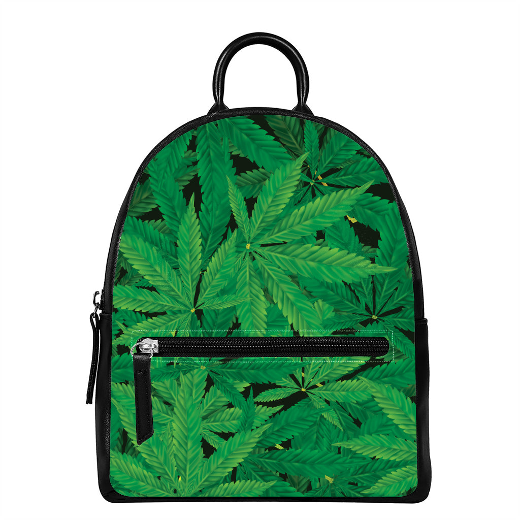 Green Marijuana Leaf Print Leather Backpack