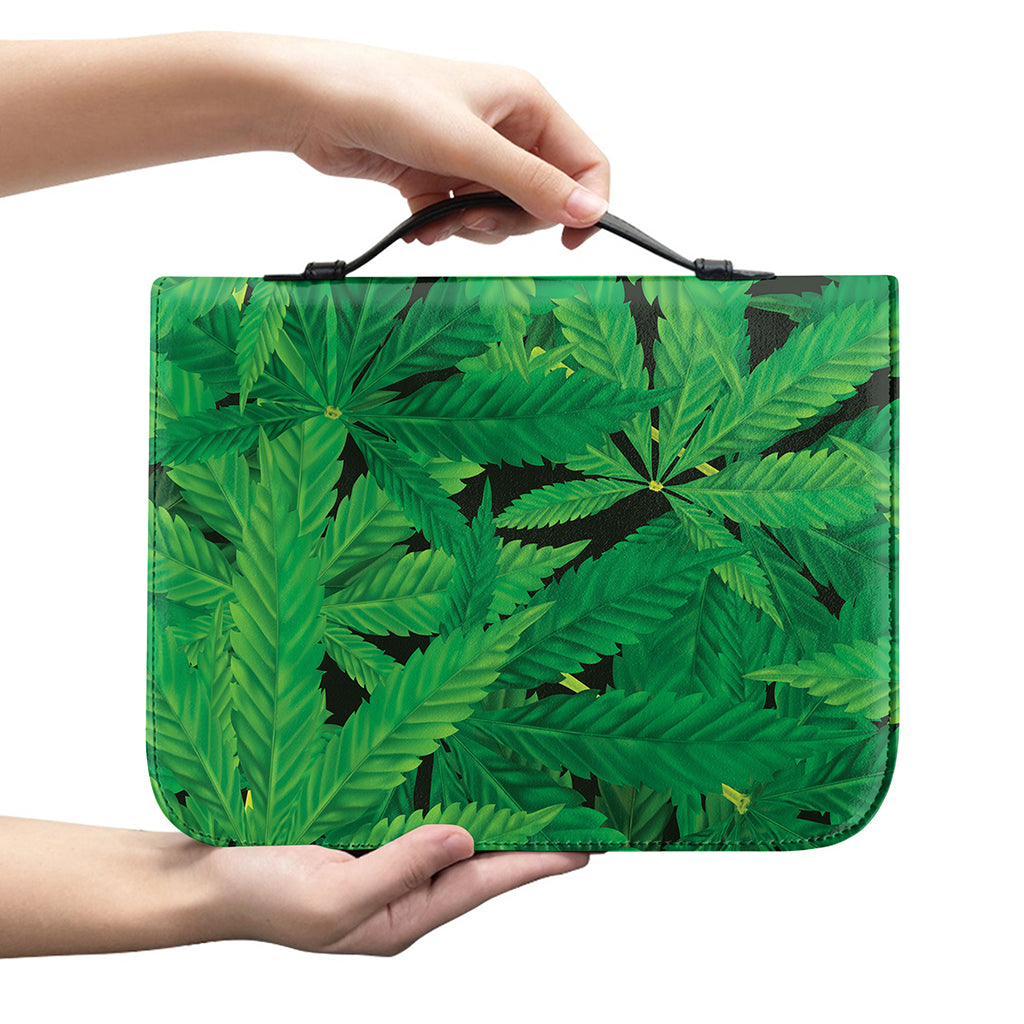 Green Marijuana Leaf Print Leather Bible Cover