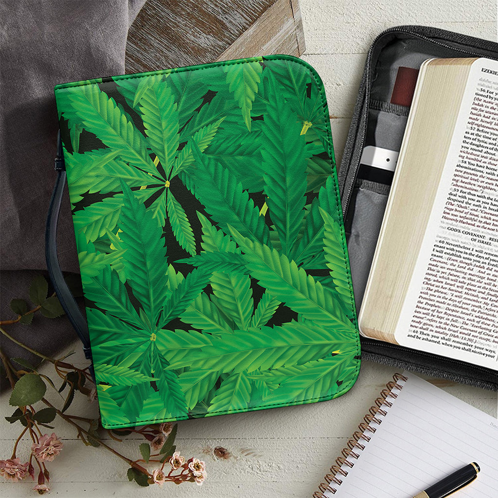 Green Marijuana Leaf Print Leather Bible Cover