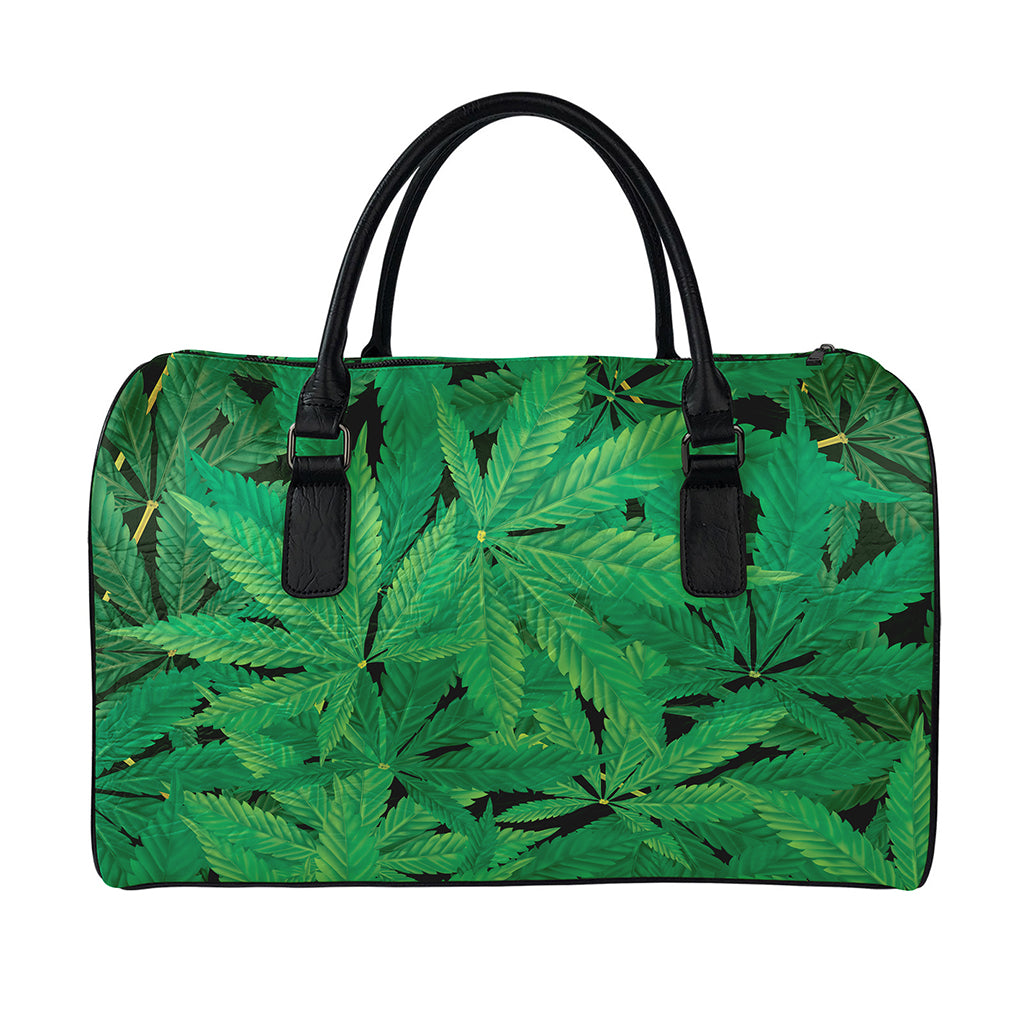 Green Marijuana Leaf Print Leather Duffle Bag