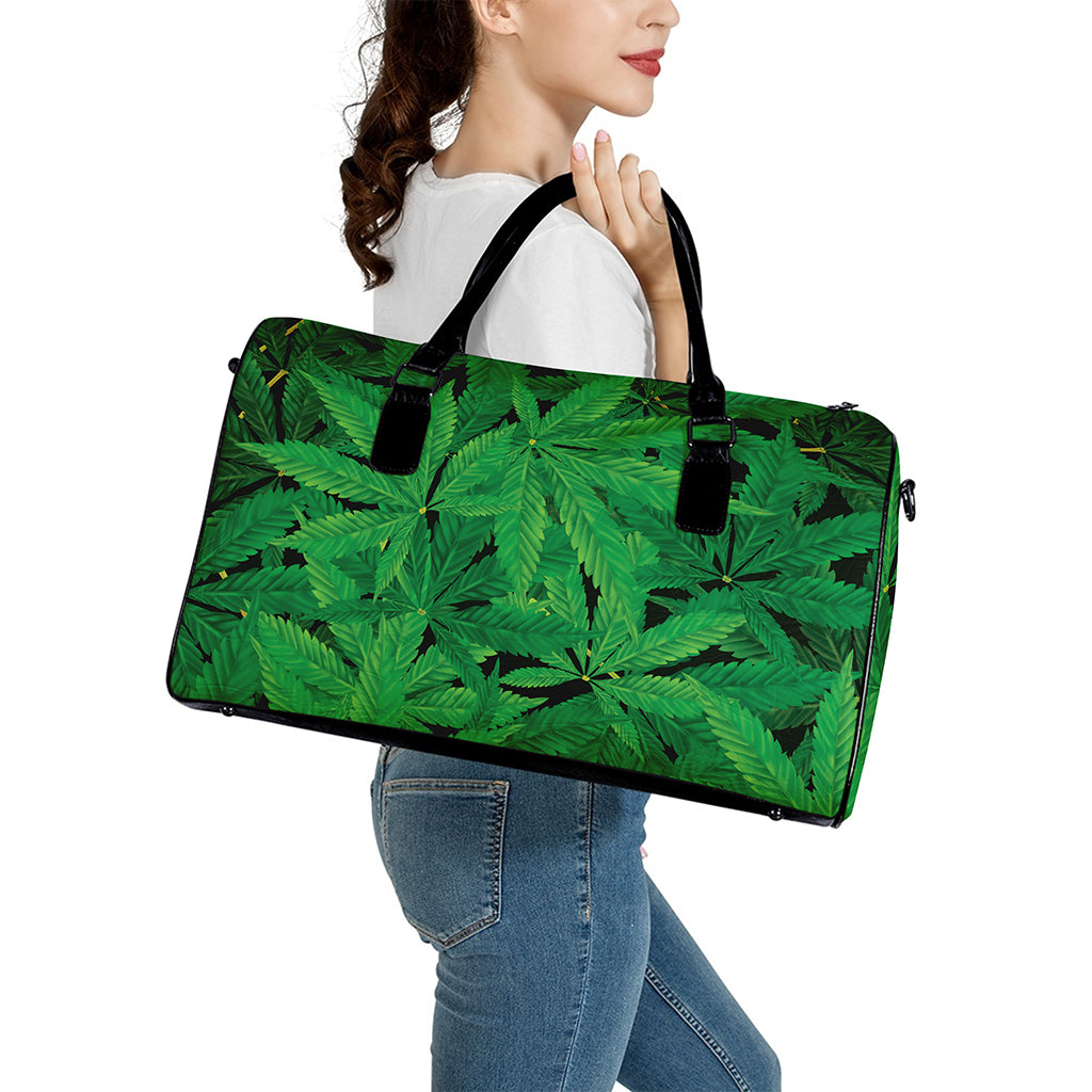 Green Marijuana Leaf Print Leather Duffle Bag