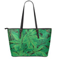 Green Marijuana Leaf Print Leather Tote Bag With Zipper