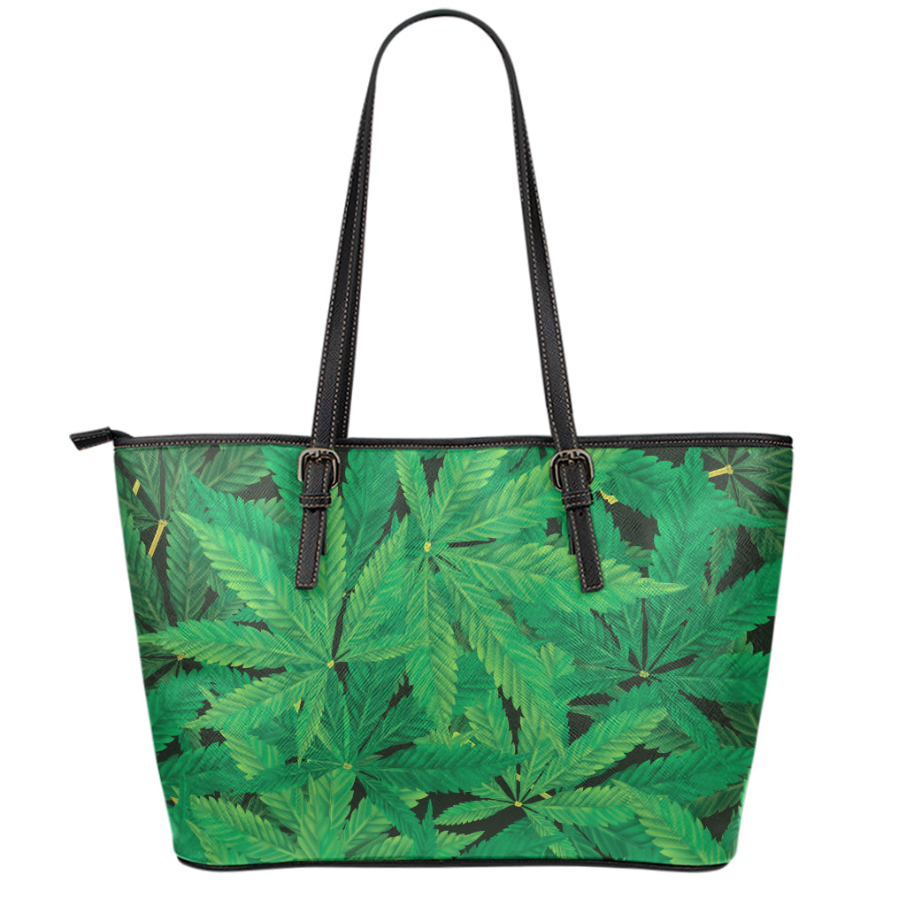 Green Marijuana Leaf Print Leather Tote Bag