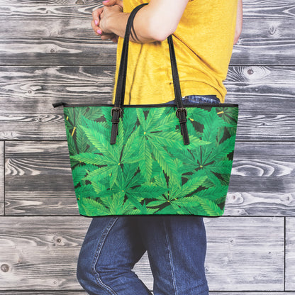 Green Marijuana Leaf Print Leather Tote Bag
