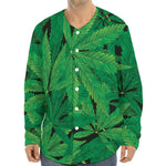 Green Marijuana Leaf Print Long Sleeve Baseball Jersey