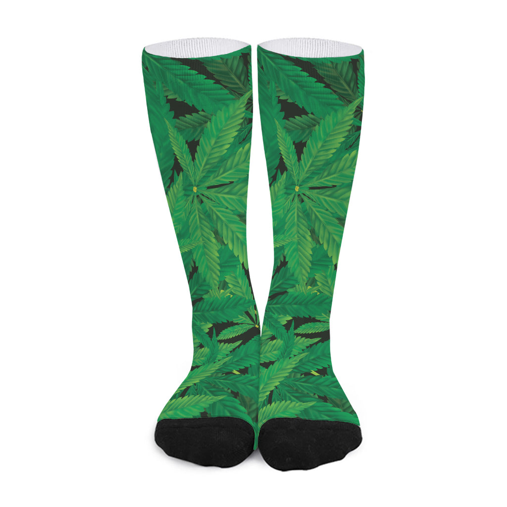 Green Marijuana Leaf Print Long Socks