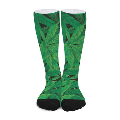 Green Marijuana Leaf Print Long Socks