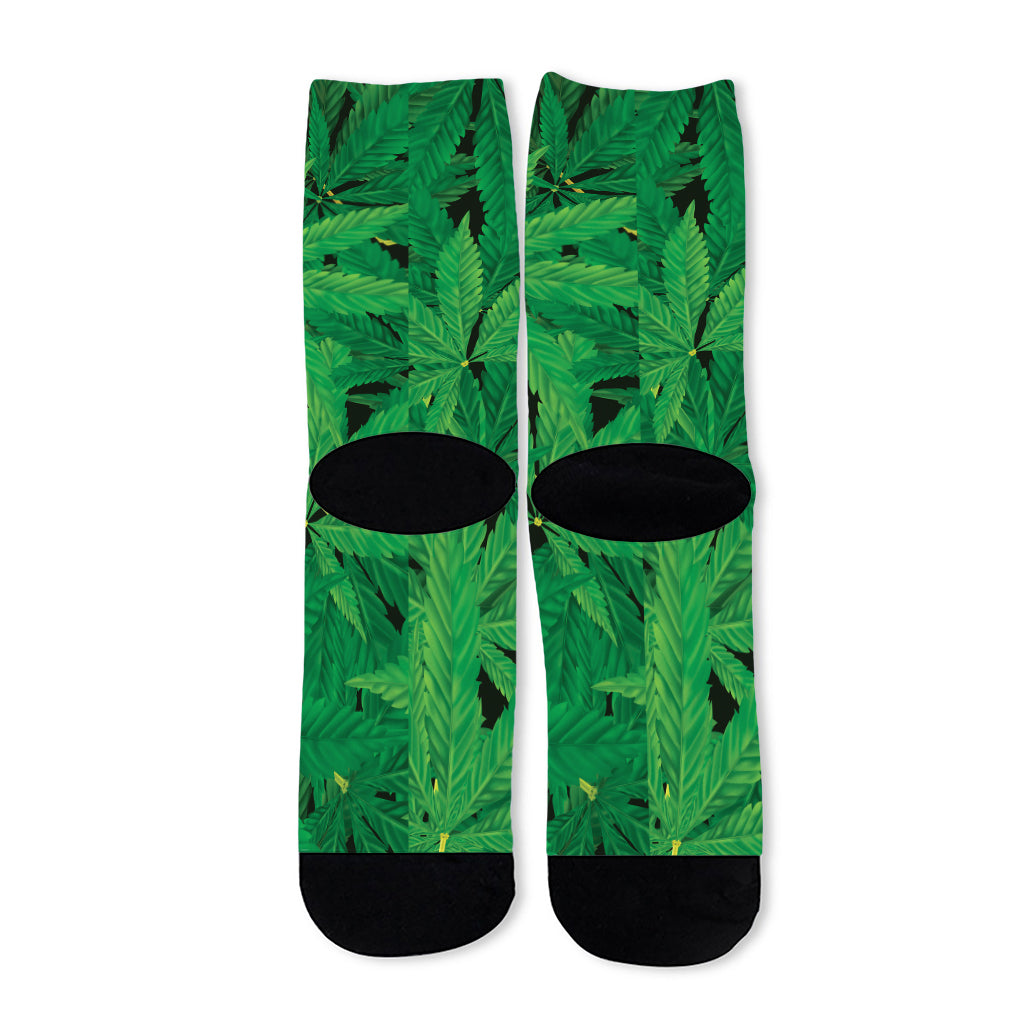Green Marijuana Leaf Print Long Socks
