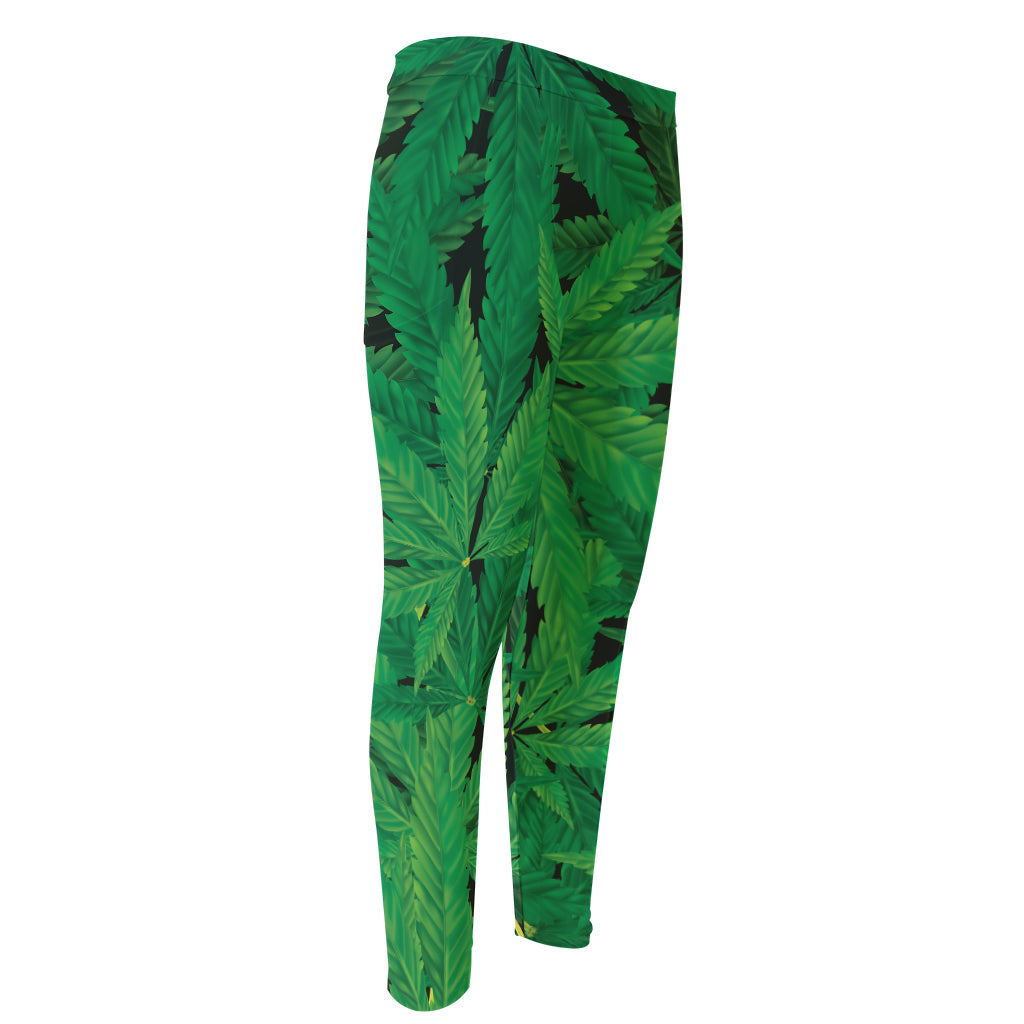 Green Marijuana Leaf Print Men's Compression Pants