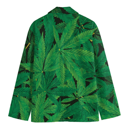 Green Marijuana Leaf Print Men's Cotton Blazer