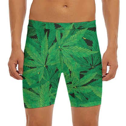 Green Marijuana Leaf Print Men's Long Boxer Briefs