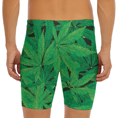 Green Marijuana Leaf Print Men's Long Boxer Briefs