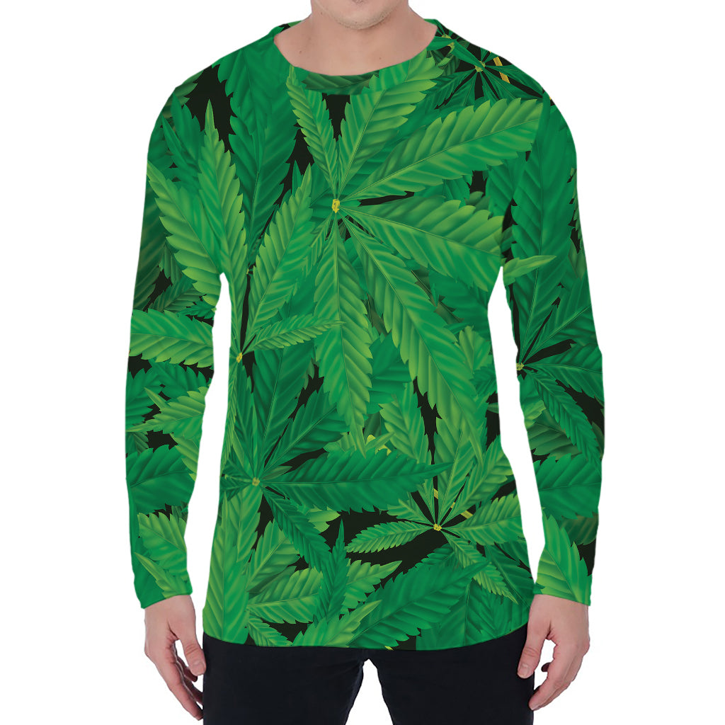 Green Marijuana Leaf Print Men's Long Sleeve T-Shirt