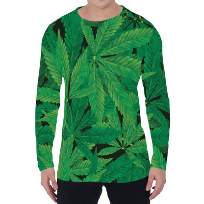 Green Marijuana Leaf Print Men's Long Sleeve T-Shirt