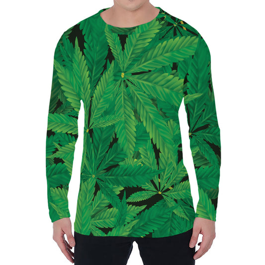 Green Marijuana Leaf Print Men's Long Sleeve T-Shirt