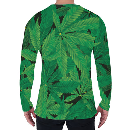 Green Marijuana Leaf Print Men's Long Sleeve T-Shirt