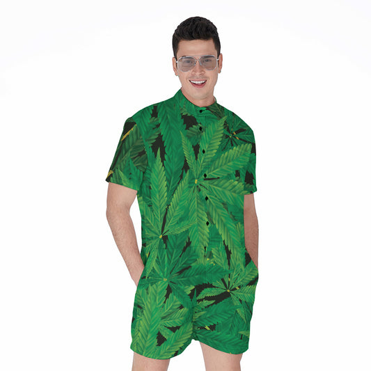 Green Marijuana Leaf Print Men's Rompers