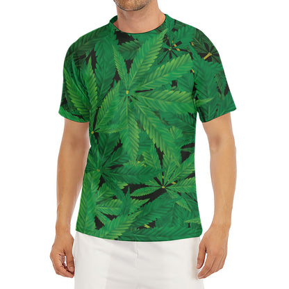 Green Marijuana Leaf Print Men's Short Sleeve Rash Guard