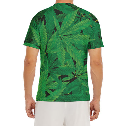 Green Marijuana Leaf Print Men's Short Sleeve Rash Guard