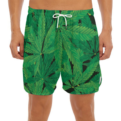 Green Marijuana Leaf Print Men's Split Running Shorts