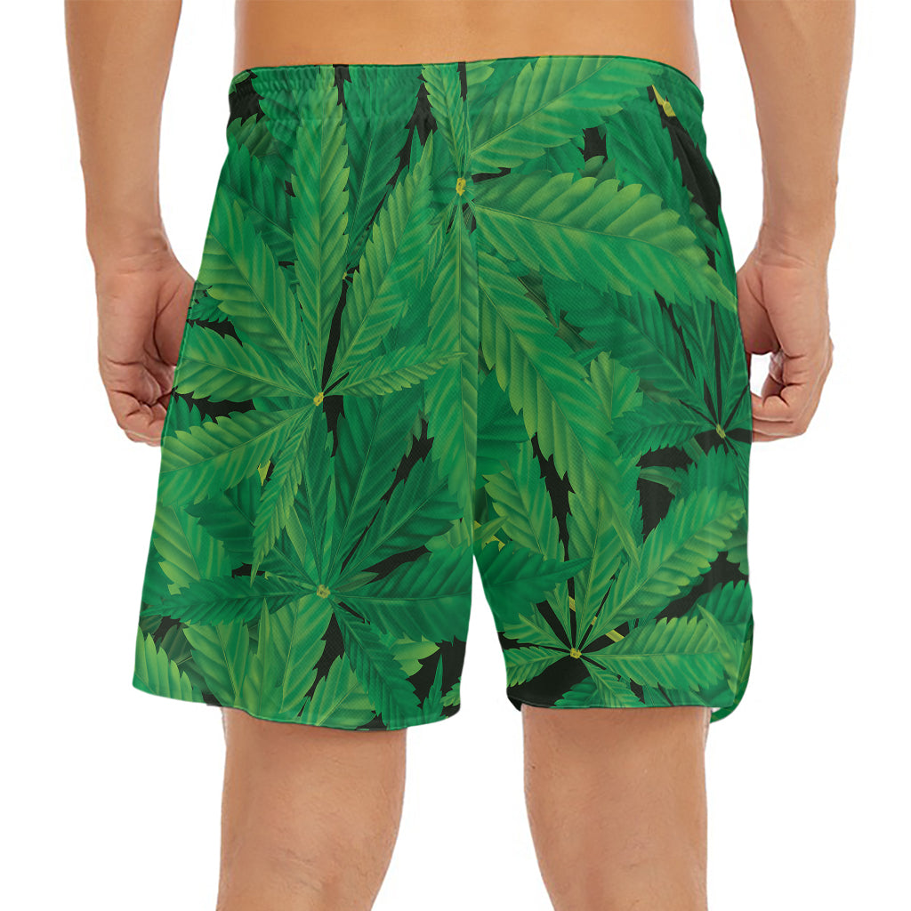 Green Marijuana Leaf Print Men's Split Running Shorts