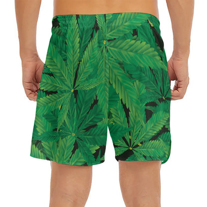 Green Marijuana Leaf Print Men's Split Running Shorts