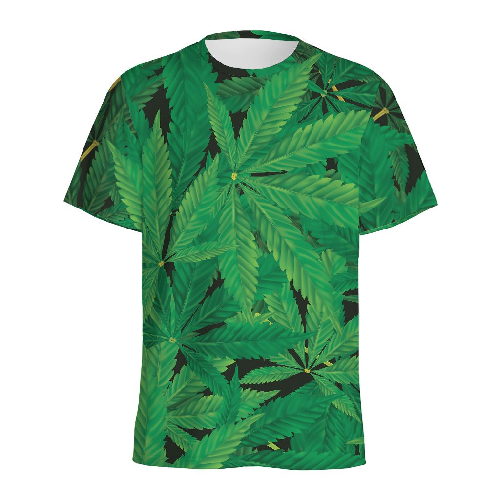 Green Marijuana Leaf Print Men's Sports T-Shirt
