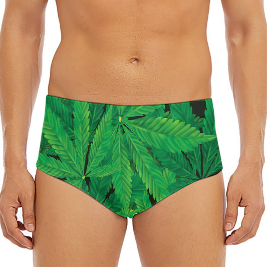 Green Marijuana Leaf Print Men's Triangle Swim Briefs
