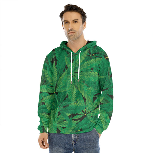 Green Marijuana Leaf Print Men's Velvet Pullover Hoodie
