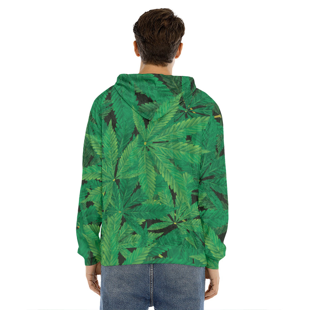 Green Marijuana Leaf Print Men's Velvet Pullover Hoodie