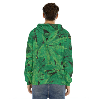 Green Marijuana Leaf Print Men's Velvet Pullover Hoodie
