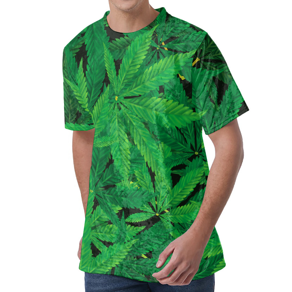 Green Marijuana Leaf Print Men's Velvet T-Shirt