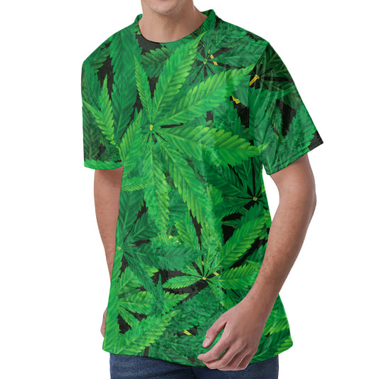 Green Marijuana Leaf Print Men's Velvet T-Shirt
