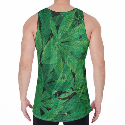 Green Marijuana Leaf Print Men's Velvet Tank Top