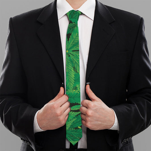 Green Marijuana Leaf Print Necktie