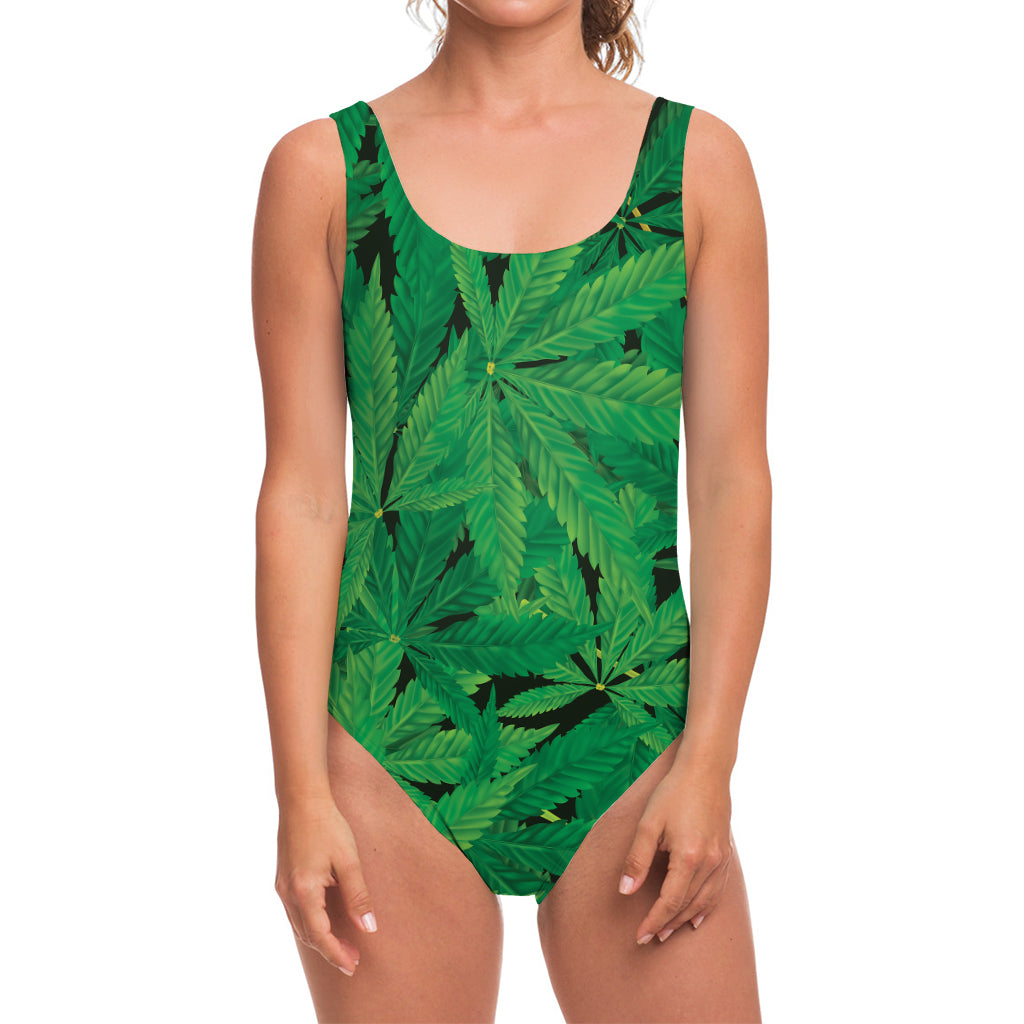 Green Marijuana Leaf Print One Piece Swimsuit