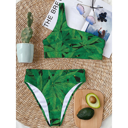 Green Marijuana Leaf Print One Shoulder Bikini Top