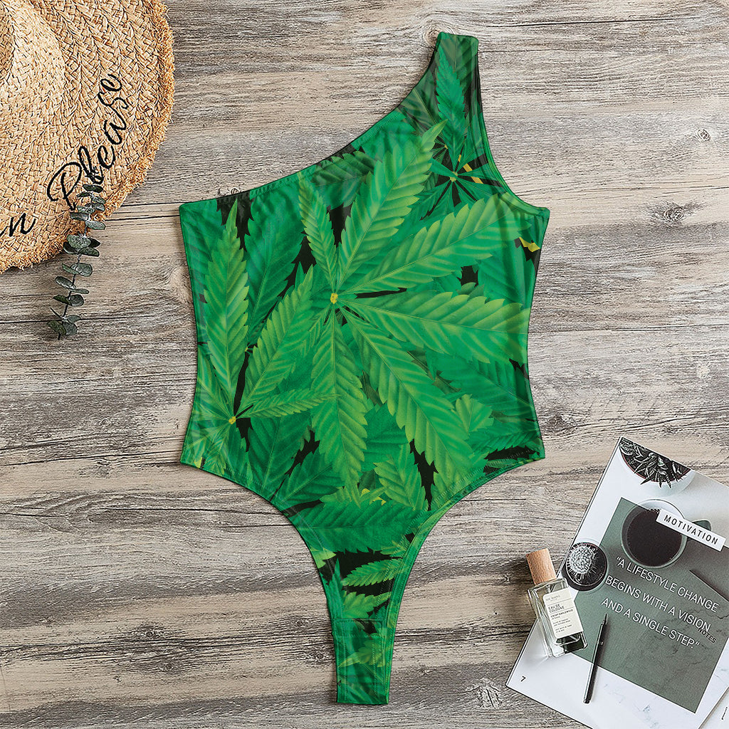 Green Marijuana Leaf Print One Shoulder Bodysuit