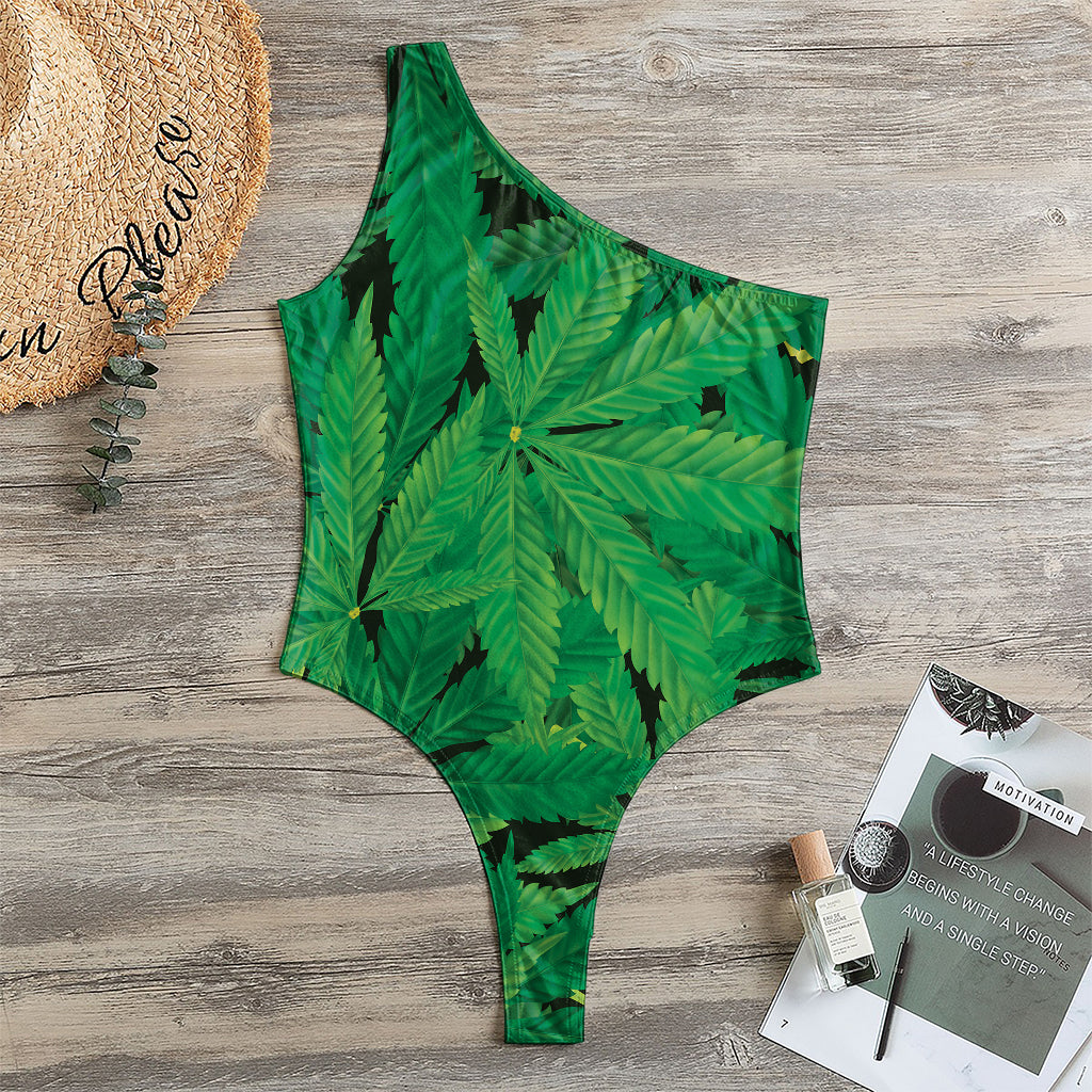 Green Marijuana Leaf Print One Shoulder Bodysuit
