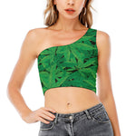 Green Marijuana Leaf Print One Shoulder Crop Top