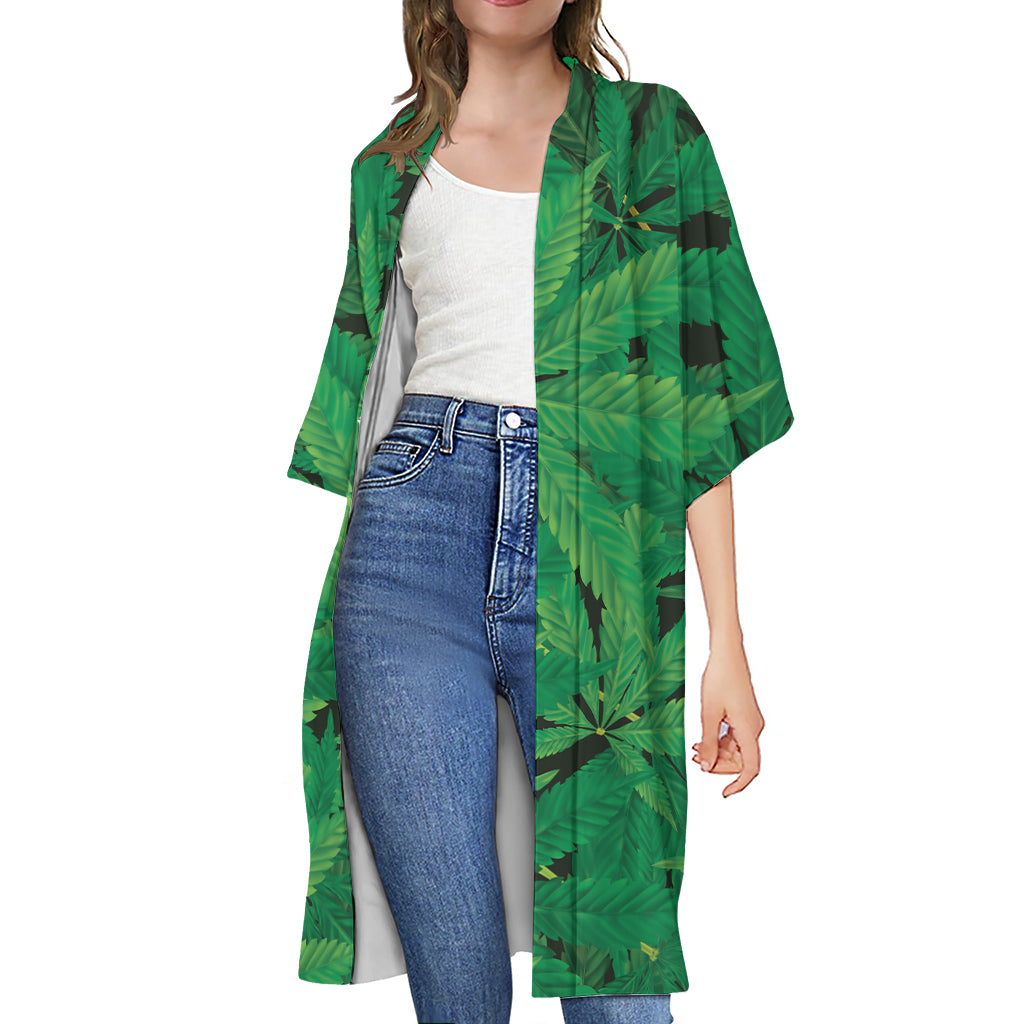 Green Marijuana Leaf Print Open Front Beach Cover Up