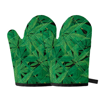 Green Marijuana Leaf Print Oven Mitts
