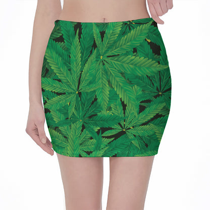 Green Marijuana Leaf Print Pencil Mini Skirt