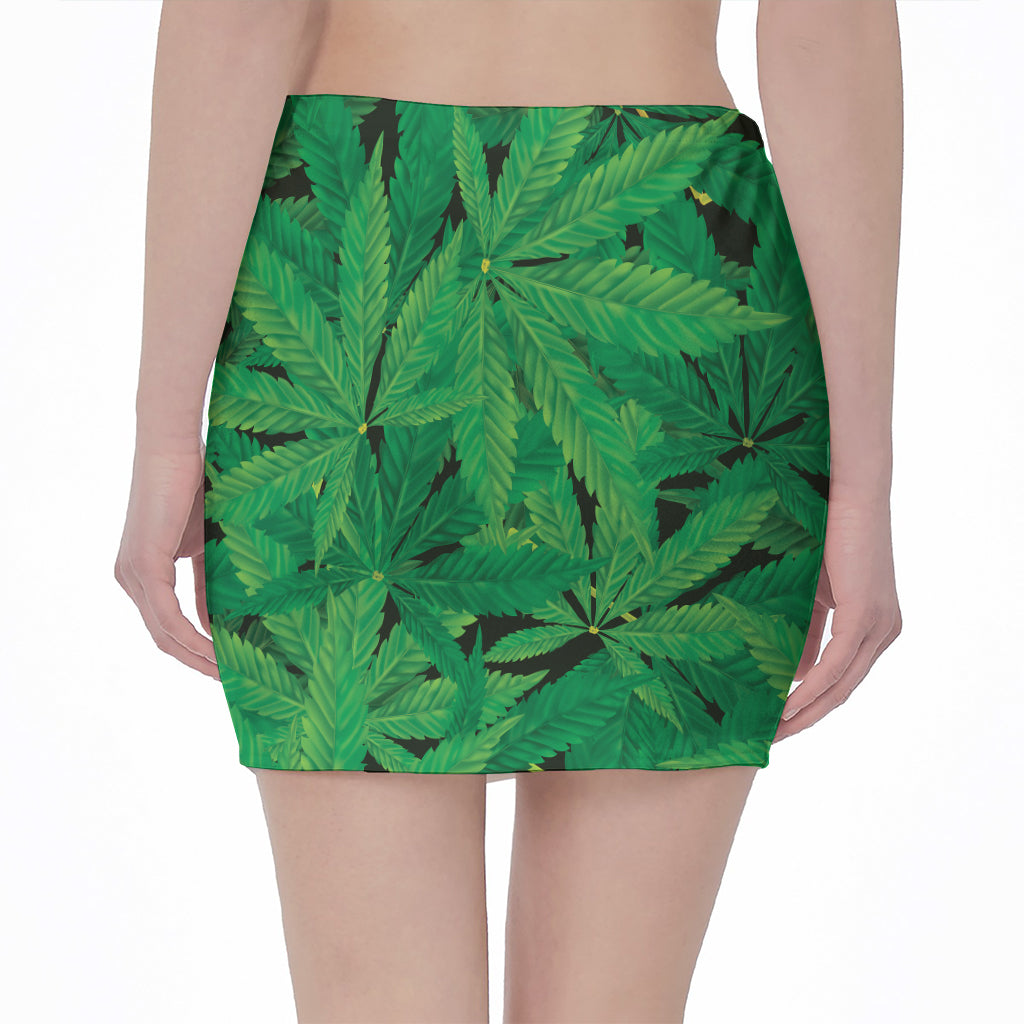Green Marijuana Leaf Print Pencil Mini Skirt