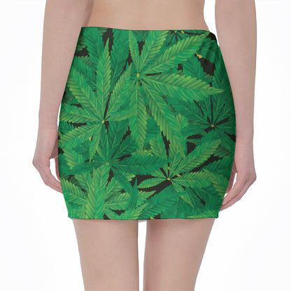 Green Marijuana Leaf Print Pencil Mini Skirt