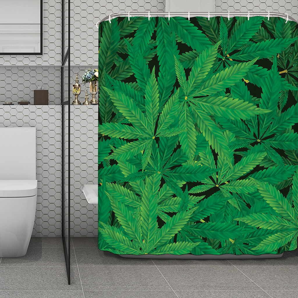 Green Marijuana Leaf Print Polyester Shower Curtain