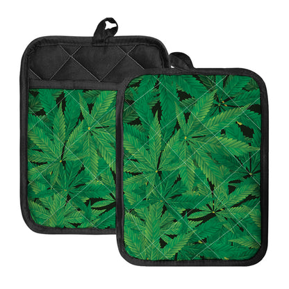 Green Marijuana Leaf Print Pot Holders With Pocket