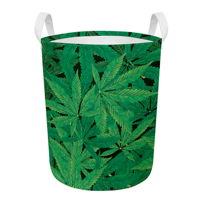 Green Marijuana Leaf Print Round Laundry Basket