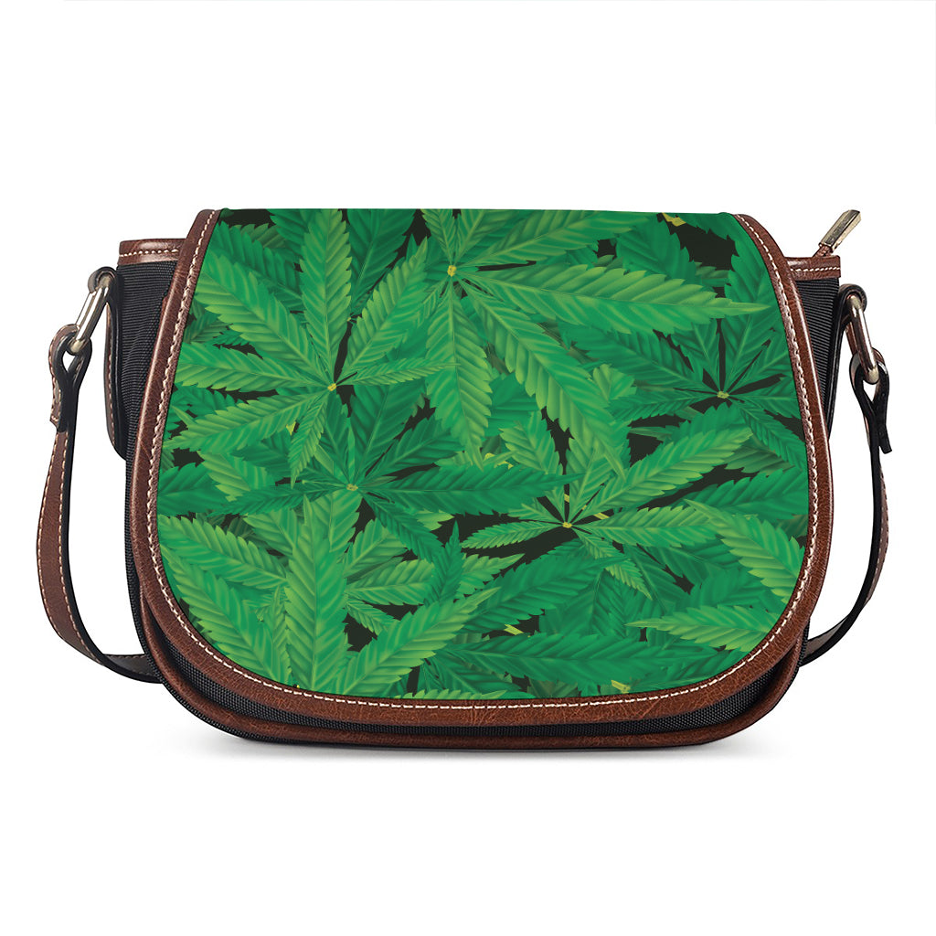 Green Marijuana Leaf Print Saddle Bag